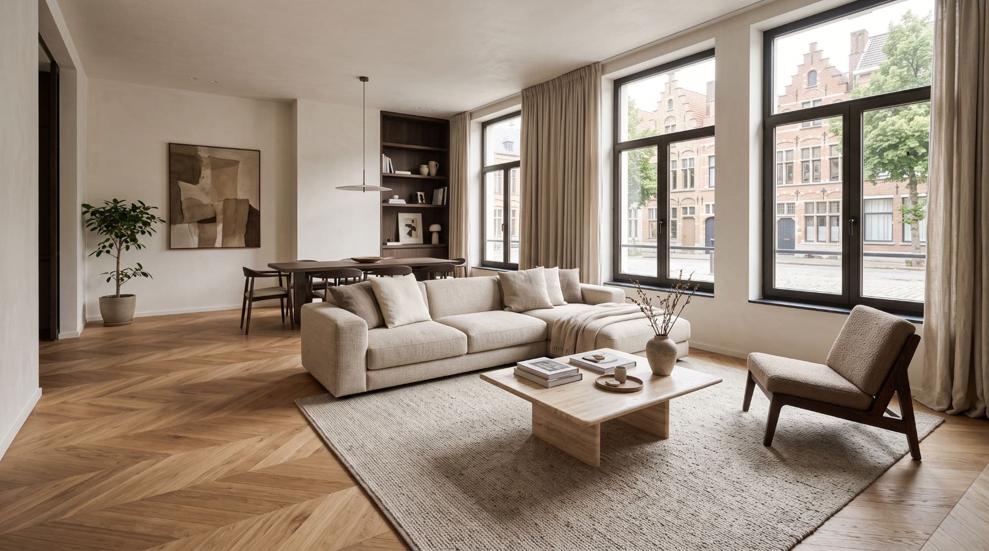Bright living room with a wooden floor and large windows onto a Belgian street